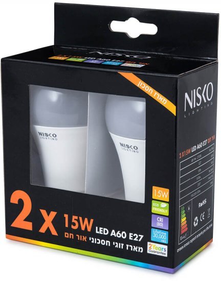 101138_b_1.jpg זוג נורות LED ליבון NISKO 15W E27 A60 – אור חם 2700K