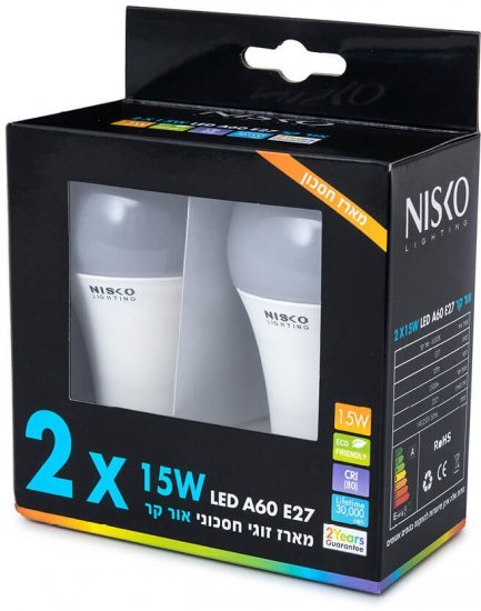 זוג נורות LED ליבון NISKO 15W E27 A60 – אור קר 6500K