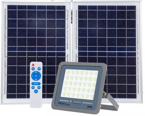 ערכה תאורת הצפה סולארית Nisko SUNLY IP66 165W – כולל פאנל מתקפל, חיישן פוטוצל ושלט – גוון אור 6500K