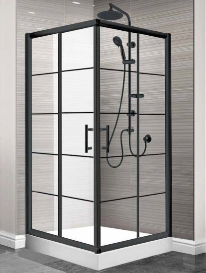 מקלחון הזזה פינתי 87–90 ס"מ דגם הדר מבית MATINA – טקסטורת ריבועים שקופה עם מסגרת שחורה