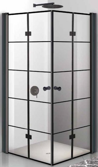 מקלחון פינתי הרמוניקה 87–90 ס"מ דגם דניאל מבית MATINA – טקסטורת ריבועים שקופה עם מסגרת שחורה