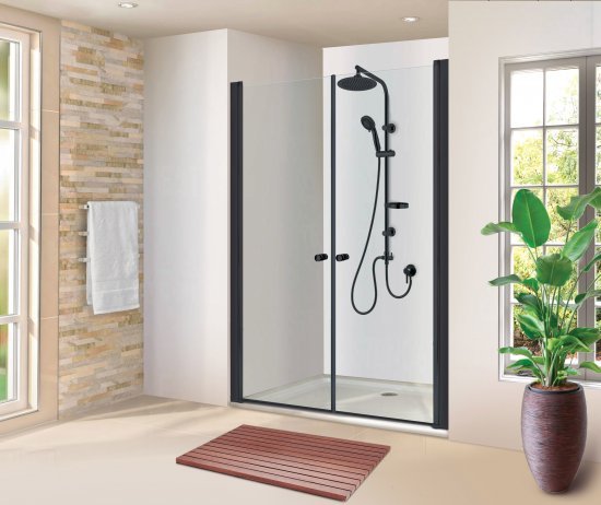 מקלחון חזית 110–115 ס"מ דגם גאיה מבית MATINA – טקסטורה שקוף עם פסים שחורים