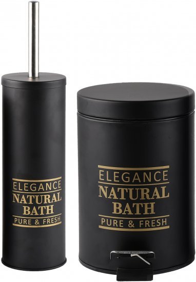 סט פח אשפה עגול עם דוושה 3 ליטר + מברשת אסלה מבית Aquila – צבע שחור משי ועיטורי זהב