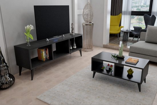 סט מזנון טלוויזיה ברוחב 150 ס''מ ושולחן לסלון דגם Savion מבית Tudo Design - צבע שחור