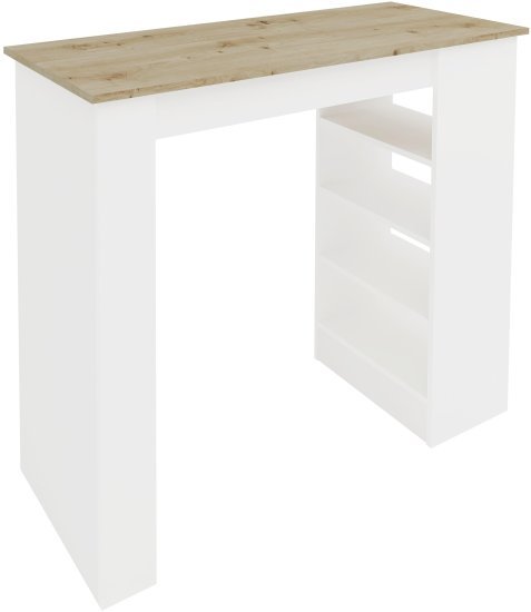 שולחן בר למטבח כולל מדפים דגם Tokyo מבית Tudo Design - בצבע לבן ופלטה אלון