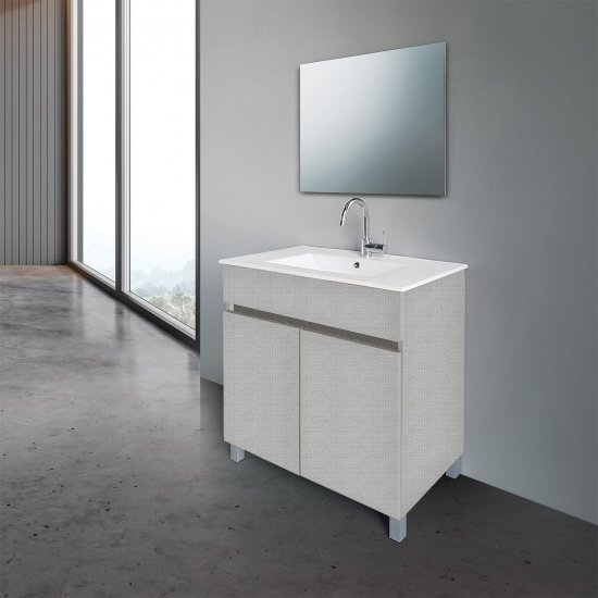 ארון אמבטיה עומד ברוחב 60 ס"מ עם כיור משטח ומראה מרחפת דגם וולקנו מבית MATINA – צבע קנבס אפור בהיר