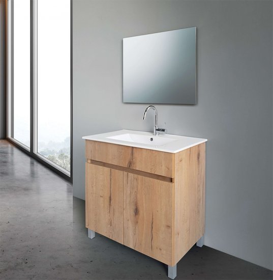 ארון אמבטיה עומד ברוחב 60 ס"מ עם כיור משטח ומראה מרחפת דגם וולקנו מבית MATINA – צבע עץ