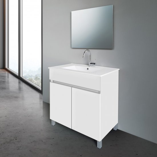 ארון אמבטיה עומד ברוחב 80 ס"מ עם כיור משטח ומראה מרחפת דגם וולקנו מבית MATINA – צבע לבן מט