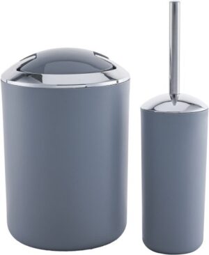 סט פח אשפה עגול 7 ליטר + מברשת אסלה מבית Aquila – צבע אפור וניקל