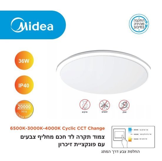 מנורה צמודת תקרה עגולה 36W מבית Midea – מחליפה צבעים 3000K-6500K, צבע לבן