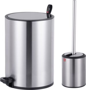 סט שירותים הכולל פח אשפה 5 ליטר ומברשת אסלה דגם Naples מבית Buona Casa – צבע כסוף מטאלי