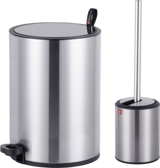 סט שירותים הכולל פח אשפה 5 ליטר ומברשת אסלה דגם Naples מבית Buona Casa – צבע כסוף מטאלי