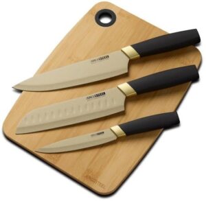 סט 4 חלקים – 3 סכינים + קרש חיתוך Arcosteel, שחור/זהב