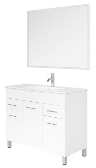 ארון אמבטיה עומד 100 ס"מ עם כיור חרס ומראה דגם Lotus מבית Tudo Design – צבע לבן