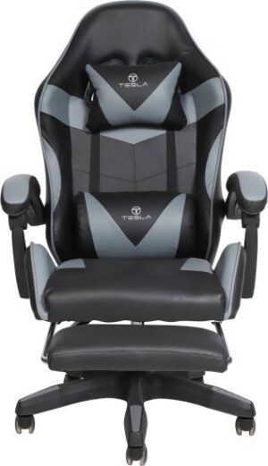 כיסא גיימינג כולל הדום לרגליים וכרית עיסוי חשמלית דגם 7038 מבית Tesla - צבע אפור