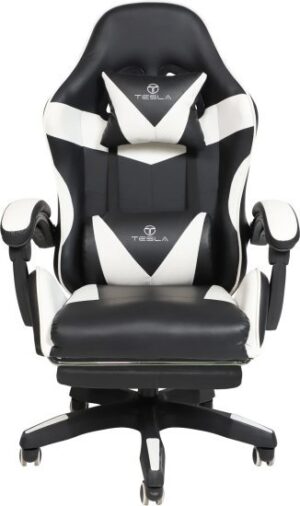 כיסא גיימינג כולל הדום לרגליים וכרית עיסוי חשמלית דגם 7038 מבית Tesla - צבע לבן