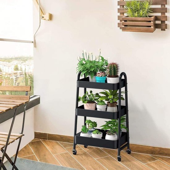 עגלת שירות אובלית ניידת עם 3 תאים Garden Top - צבע שחור