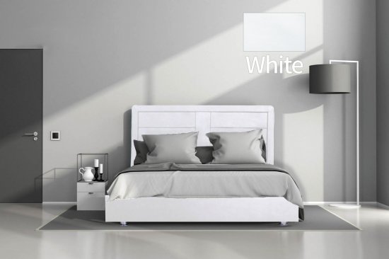 מיטה זוגית 140x190 דגם 6001 עץ מרופדת דמוי עור כוללת ארגז מצעים + מזרן קפיצים מתנה מבית Olympia - צבע לבן