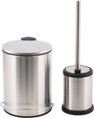 סט פח אשפה עגול עם דוושה 3 ל' + מברשת אסלה עם מעמד אוטומטי מבית Aquila - צבע כרום מוברש