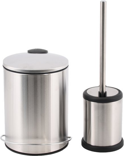 סט פח אשפה עגול עם דוושה 3 ל' + מברשת אסלה עם מעמד אוטומטי מבית Aquila - צבע כרום מוברש