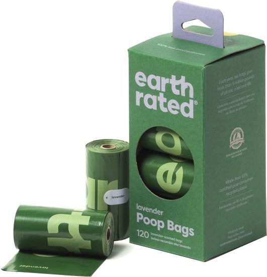 שקיות בניחוח לבנדר לאיסוף צואת כלבים מבית Earth Rated - מארז 8 גלילים, 120 שקיות בסך הכל.