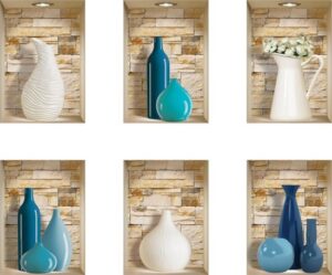 סט 6 מדבקות קיר 34x24 ס''מ מבית נישה קונספט - אגרטלים כחולים ולבנים עם רקע של בריקים