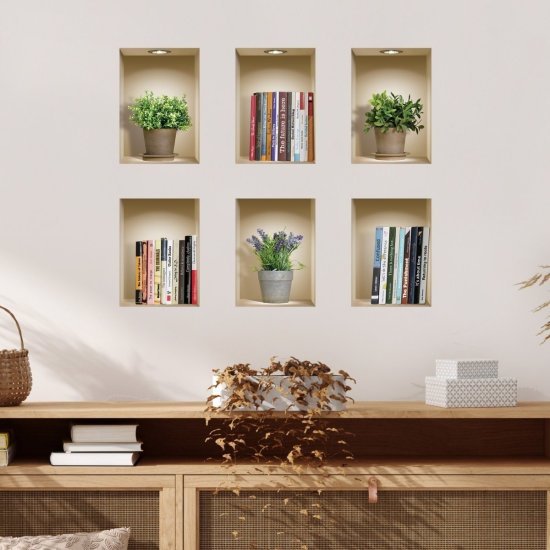 סט 6 מדבקות קיר 34x24 ס''מ מבית נישה קונספט - עציצים וספרים