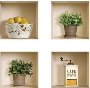 סט 4 מדבקות קיר 32x32 ס''מ מבית נישה קונספט - עציצים, מטחנת קפה ולימונים
