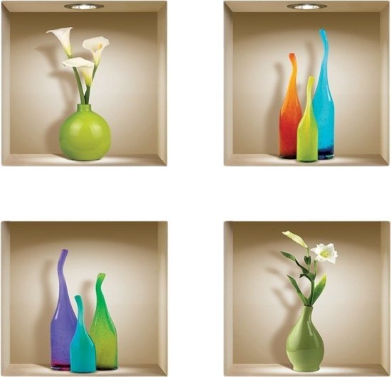 סט 4 מדבקות קיר 32x32 ס''מ מבית נישה קונספט - אגרטלי זכוכית צבעוניים