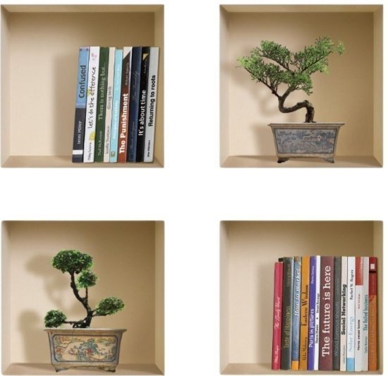 סט 4 מדבקות קיר 32x32 ס''מ מבית נישה קונספט - עציצי בונסאי וספרים