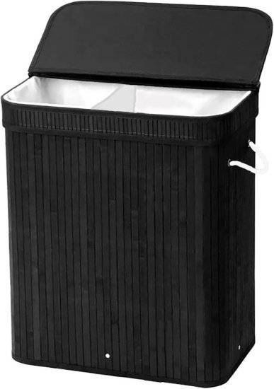 סל כביסה במבוק 100 ליטר מחולק 2 תאים מבית HomeSet - צבע שחור