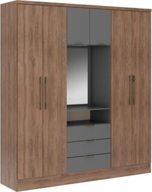 ארון בגדים 4 דלתות משולב מראה רוחב 180 ס”מ דגם Aspen מבית Bradex - צבע אגוז משולב אפור