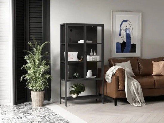 מדפים ממתכת בשילוב דלתות זכוכית דגם BS211 מבית Step Up - צבע שחור