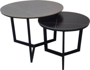 זוג שולחנות סלון עגולים עם פלטה קרמיקה ורגלי מתכת שחורות דגם Verona מבית Tudo Design - צבע אפור