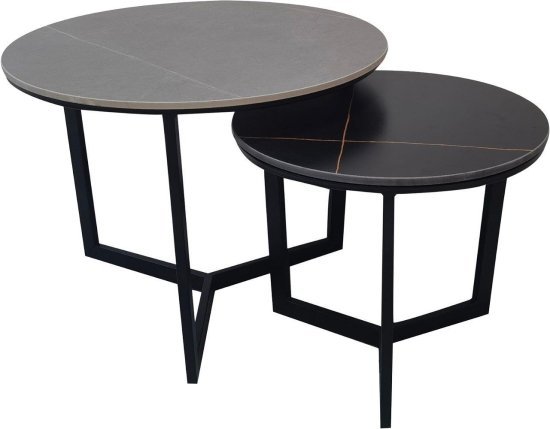 זוג שולחנות סלון עגולים עם פלטה קרמיקה ורגלי מתכת שחורות דגם Verona מבית Tudo Design - צבע אפור