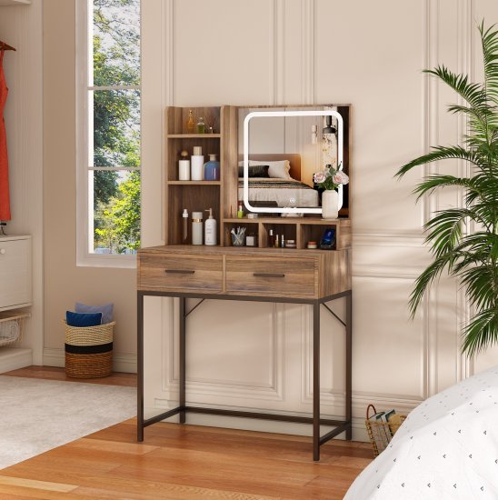 שידת איפור עם תאורת LED דגם Odem מבית Star Shop - צבע עץ