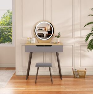 427559_b_1.jpg שידת איפור עם תאורת LED עם כיסא דגם Athena מבית Star Shop - צבע אפור / עץ אלון