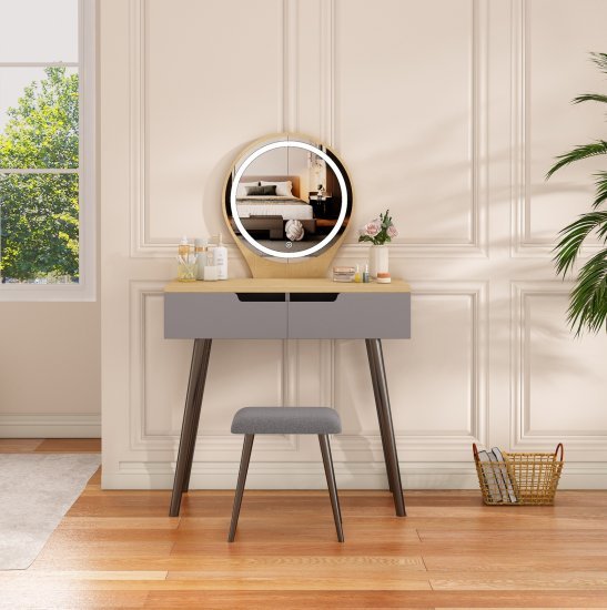 שידת איפור עם תאורת LED עם כיסא דגם Athena מבית Star Shop - צבע אפור / עץ אלון