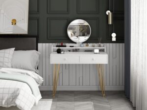 שידת איפור 2 מגירות ומראה עגולה דגם ספיר מבית Ramos - צבע לבן