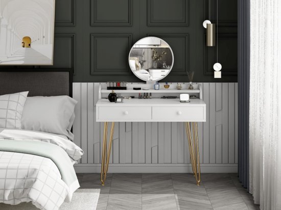 שידת איפור 2 מגירות ומראה עגולה דגם ספיר מבית Ramos - צבע לבן