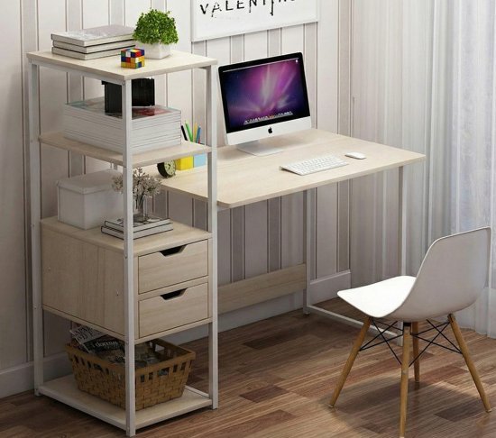 שולחן מחשב ברוחב 97 ס''מ כולל מדפים דגם RSM-2042 מבית Rosso Italy - שלדה לבנה משולבת עץ