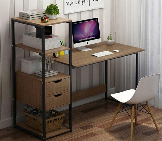 שולחן מחשב ברוחב 107 ס''מ כולל מדפים דגם RSM-2043 מבית Rosso Italy - שלדה שחורה משולבת עץ