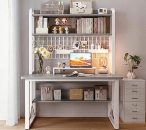 434789_b_1.jpg שולחן מחשב ברוחב 80 ס''מ כולל מדפים ורשת דגם RSM-2047 מבית Rosso Italy - שלדה לבנה משולבת עץ בצבע אפור