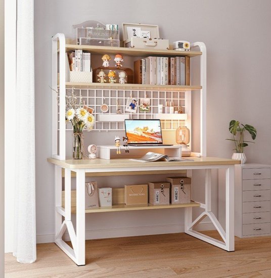 שולחן מחשב ברוחב 100 ס''מ כולל מדפים ורשת דגם RSM-2045 מבית Rosso Italy - שלדה לבנה משולבת עץ בצבע בהיר