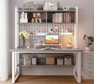 434810_b_1.jpg שולחן מחשב ברוחב 120 ס''מ כולל מדפים ורשת דגם RSM-2049 מבית Rosso Italy - שלדה לבנה משולבת עץ בצבע אפור