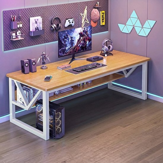 שולחן מחשב ברוחב 140 ס''מ כולל מדף תחתון דגם RSM-1008 מבית Rosso Italy - צבע עץ / לבן