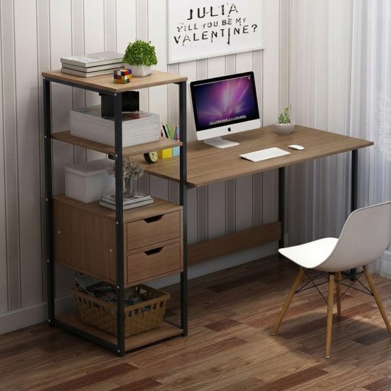 שולחן מחשב ברוחב 120 ס''מ כולל 3 מדפים ו-2 מגירות דגם MSR-1139 מבית Rosso Italy - צבע עץ כהה / שחור