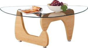 שולחן סלון ברוחב 114 ס"מ עם משטח זכוכית ובסיס מעץ דגם Stav מבית Woody - צבע עץ