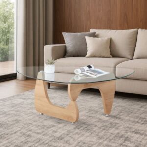 שולחן סלון ברוחב 114 ס"מ עם משטח זכוכית ובסיס מעץ דגם Stav מבית Woody - צבע מייפל