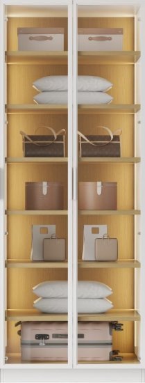 ארון בגודל 210x80x60 ס''מ עם 2 דלתות זכוכית ותאורת LED דגם Venice מבית Woody - צבע לבן